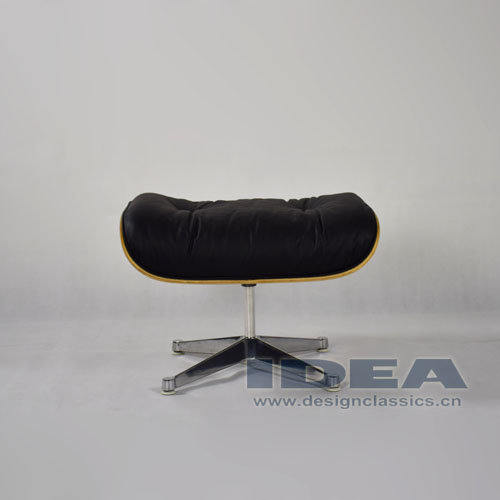 Eames Lounge Ottoman Walnut shell Black leather Polished Aluminum Base